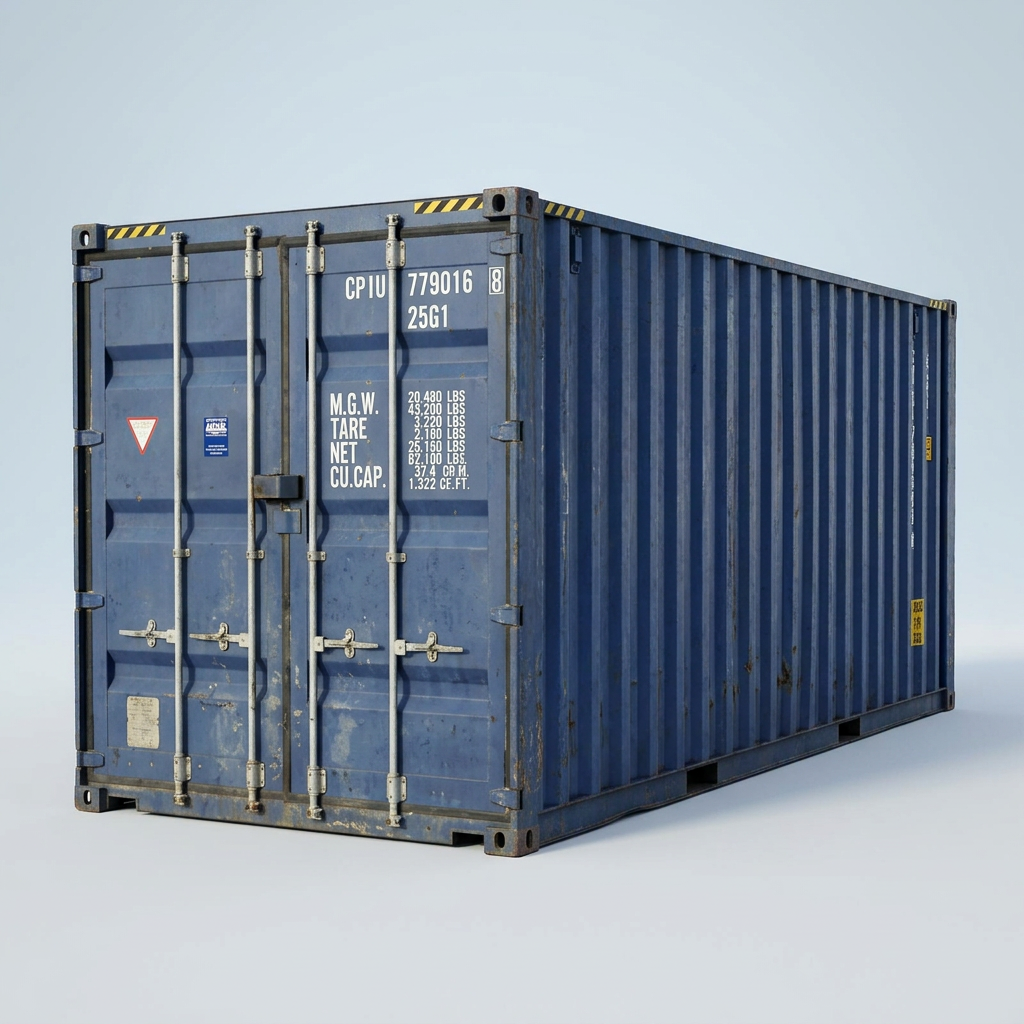Interior view of a used 20ft high cube shipping container with one door open to show floor and walls
