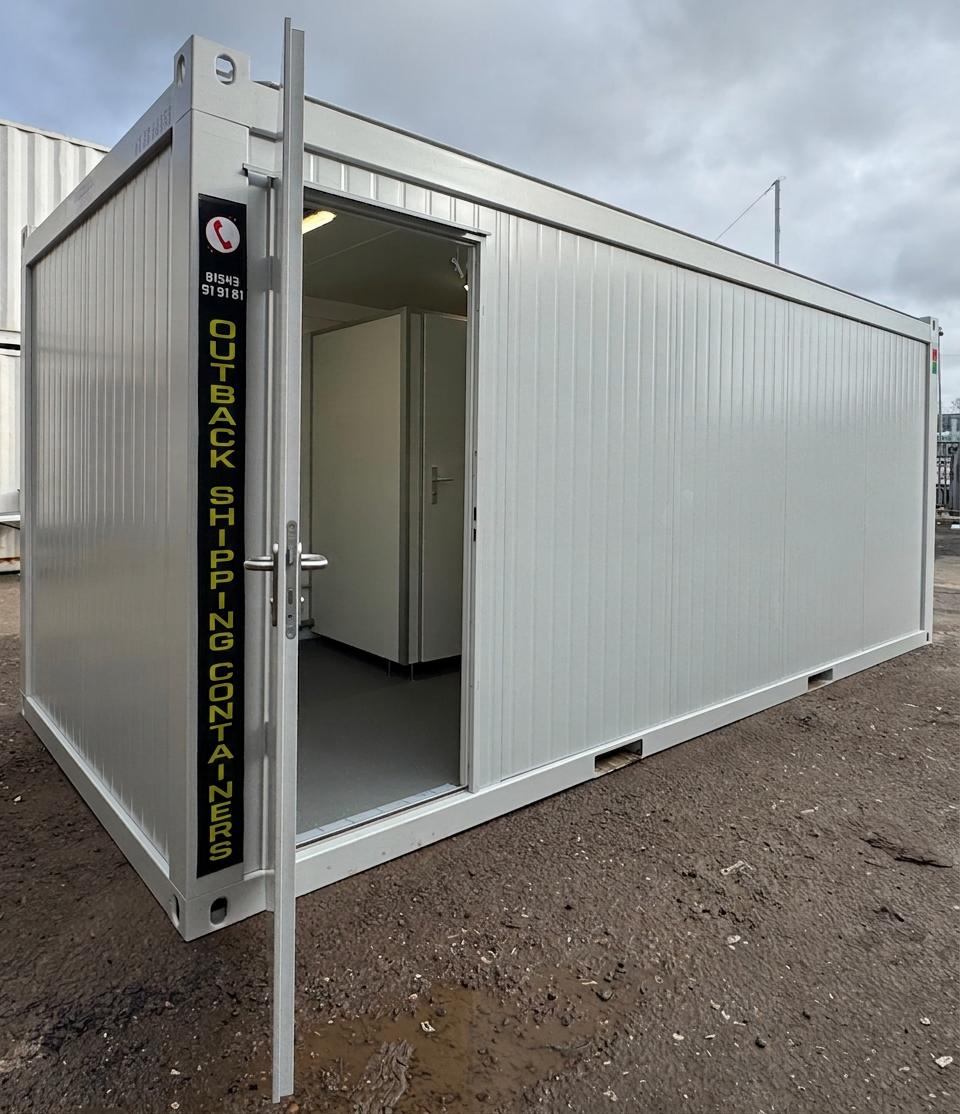 Toilet Block for Sale — Front Exterior View | Outback Shipping Containers Toilet Block — 5 WC / 5 Basins / 4 Urinals — 20 x 8 ft NEW Portable — Grey — No 797 — primary exterior image 1 of 19
