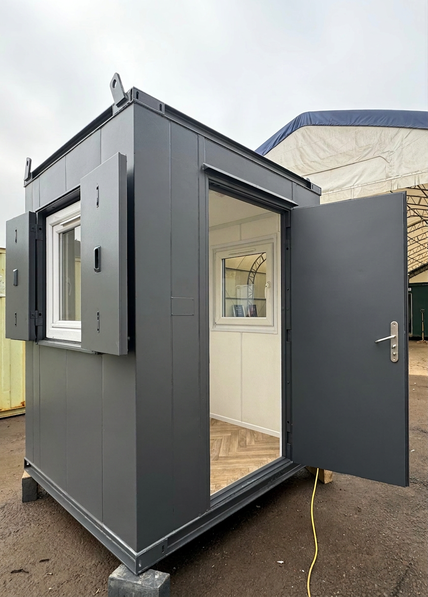 Dark grey 6x6 ft anti-vandal gate house office with open steel door and window shutters revealing wood-style flooring