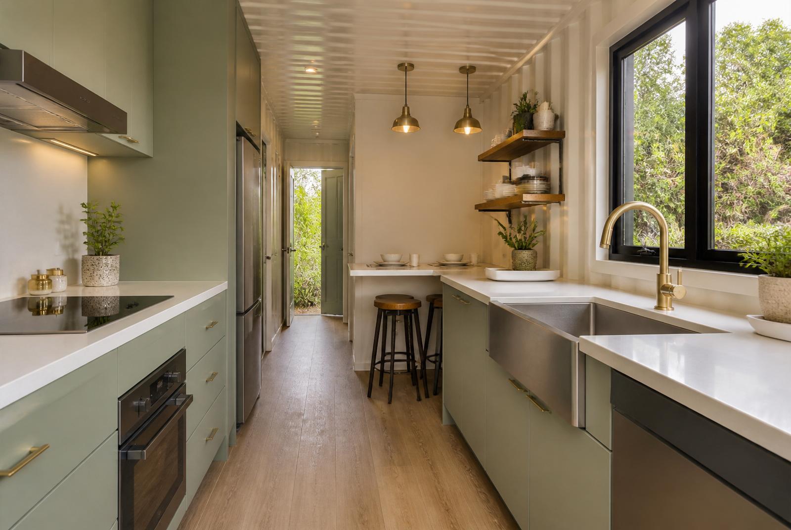 Trinity U-shape container home — modern galley kitchen with sage-green cabinets, quartz counters and brass fixtures