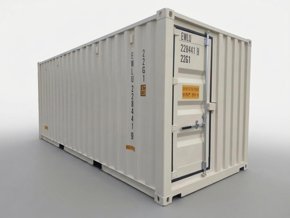 Side profile of a tan 20ft one-trip shipping container showing a single side access door and vertical corrugation