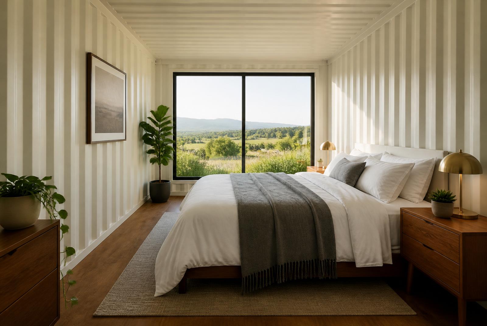Trinity U-shape container home — bedroom inside the 20ft container with picture window and countryside view