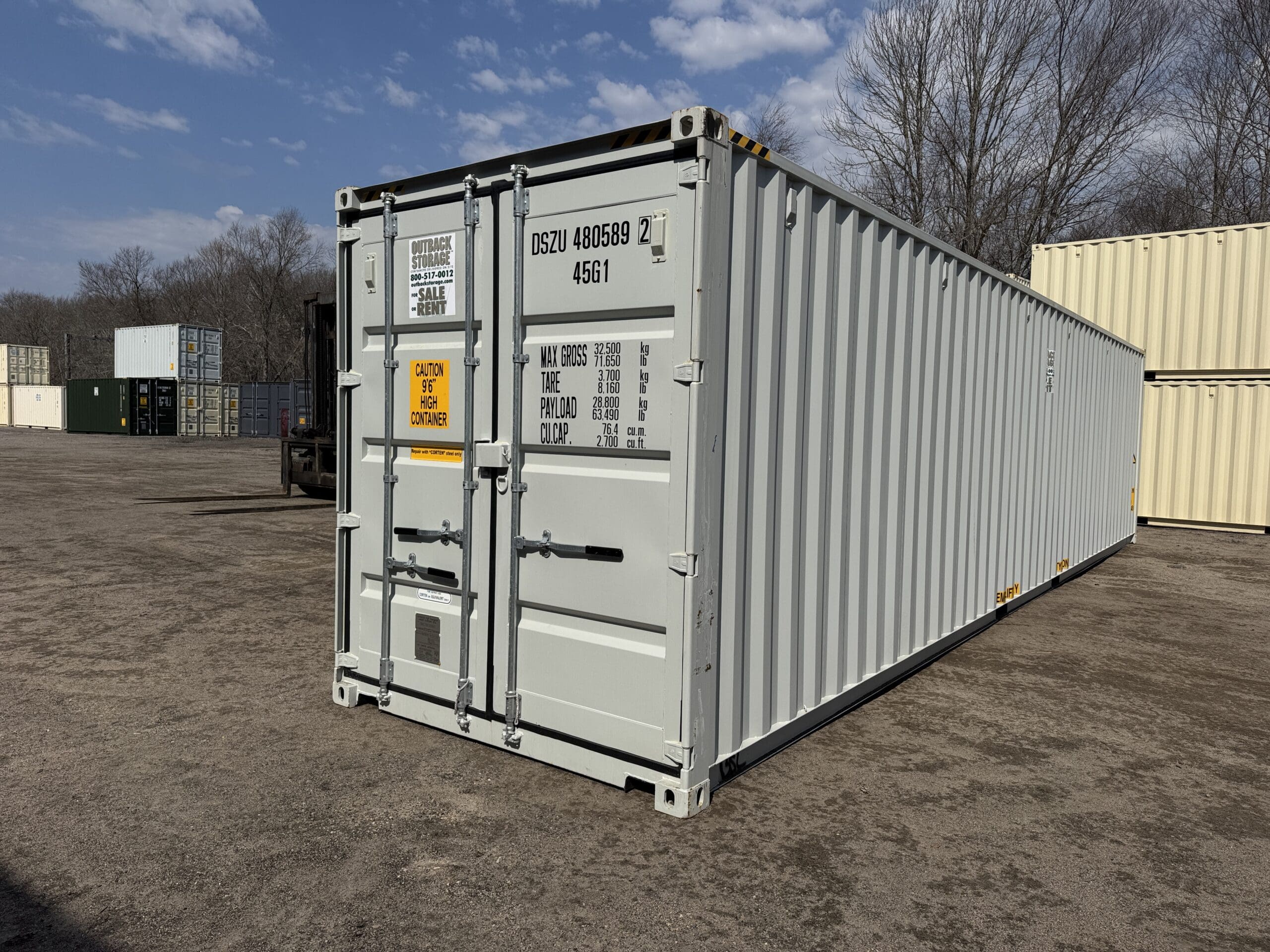 40ft New High Cube Shipping Container — Front Exterior View | Outback Shipping Containers 2 33 40ft New High Cube Shipping Container – Wind & Watertight – Gray — 40ft — new (image 1 of 12)