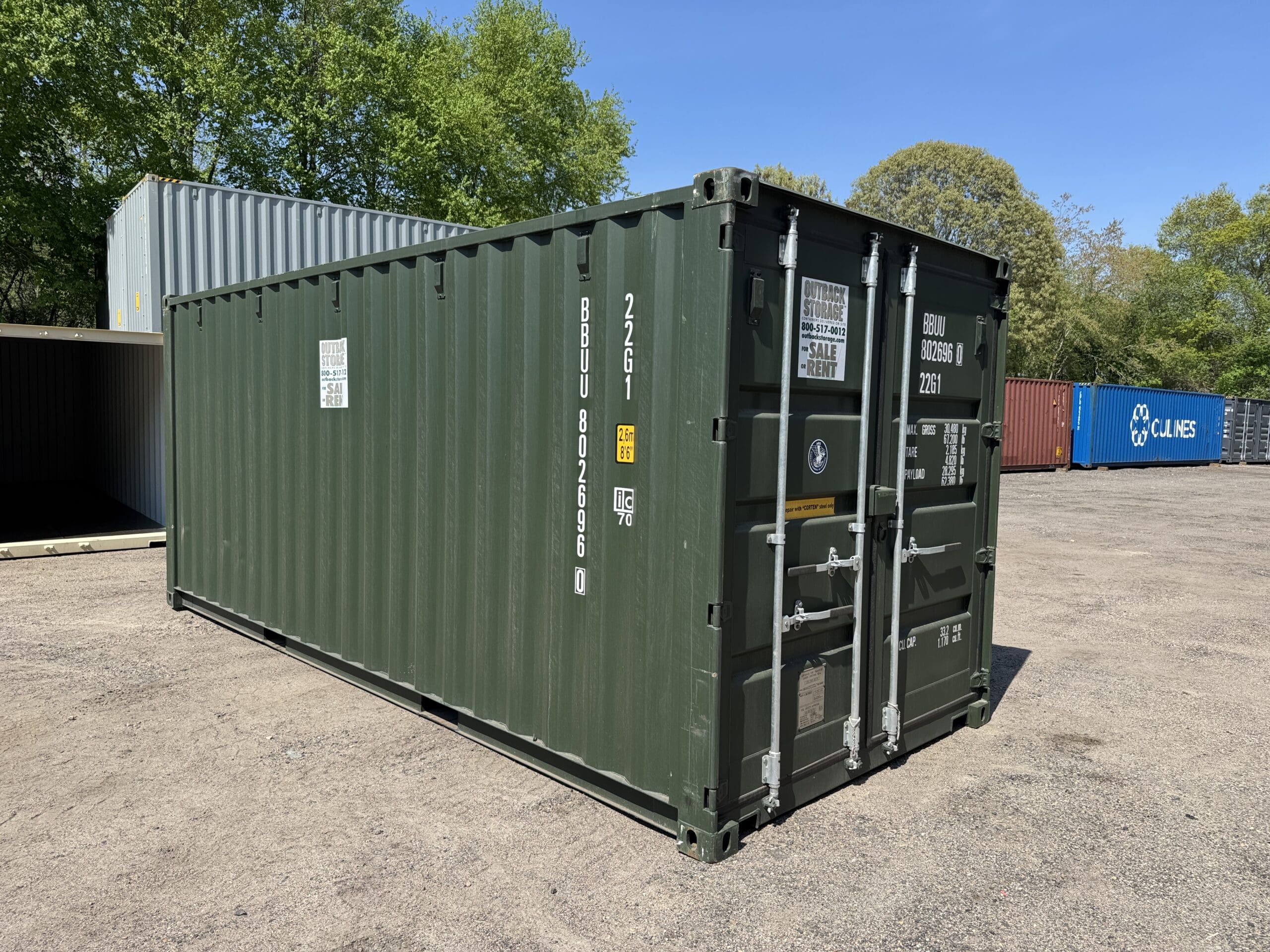 20ft New Shipping Container for Sale — Front Exterior View | Outback Shipping Containers 2 3 5 20ft New Shipping Container – Wind & Watertight – Green — 20ft — new (image 1 of 12)