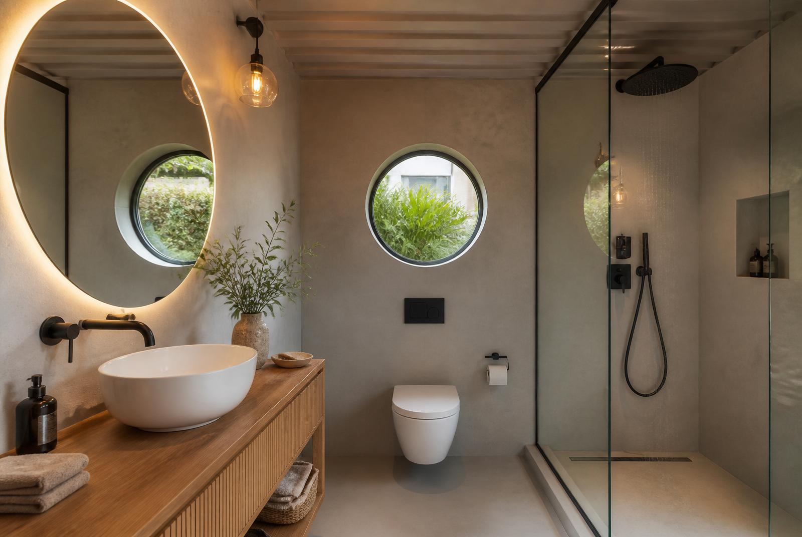 Trinity U-shape container home — spa bathroom with walk-in glass shower, backlit round mirror and matte-black fixtures