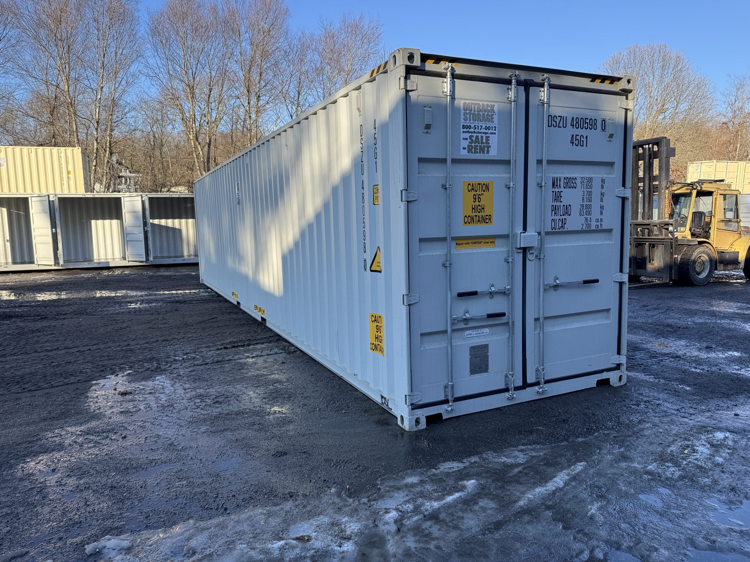 40ft New High Cube Shipping Container — Front Exterior View | Outback Shipping Containers 2 44 40ft New High Cube Shipping Container – Wind & Watertight – Lt Gray — 40ft — new (image 1 of 12)