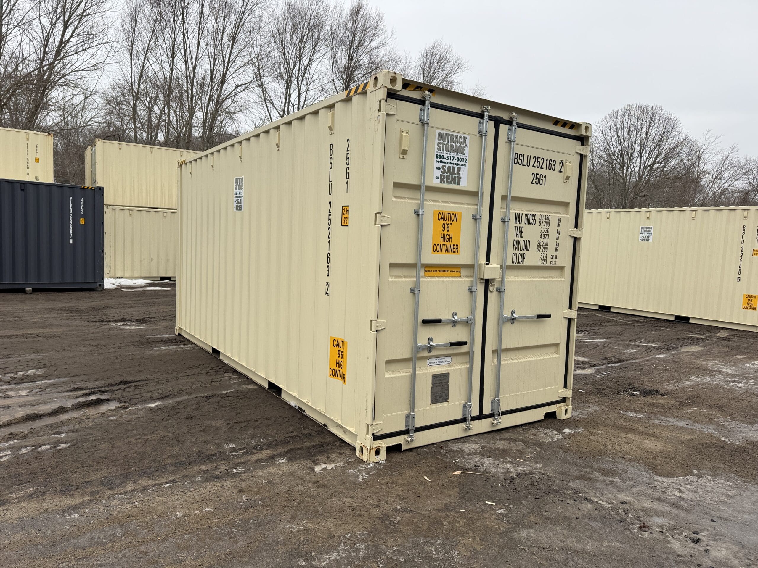 20ft New High Cube Shipping Container — Front Exterior View | Outback Shipping Containers 2 13 20ft New High Cube Shipping Container – Wind & Watertight – Beige — 20ft — new (image 1 of 12)