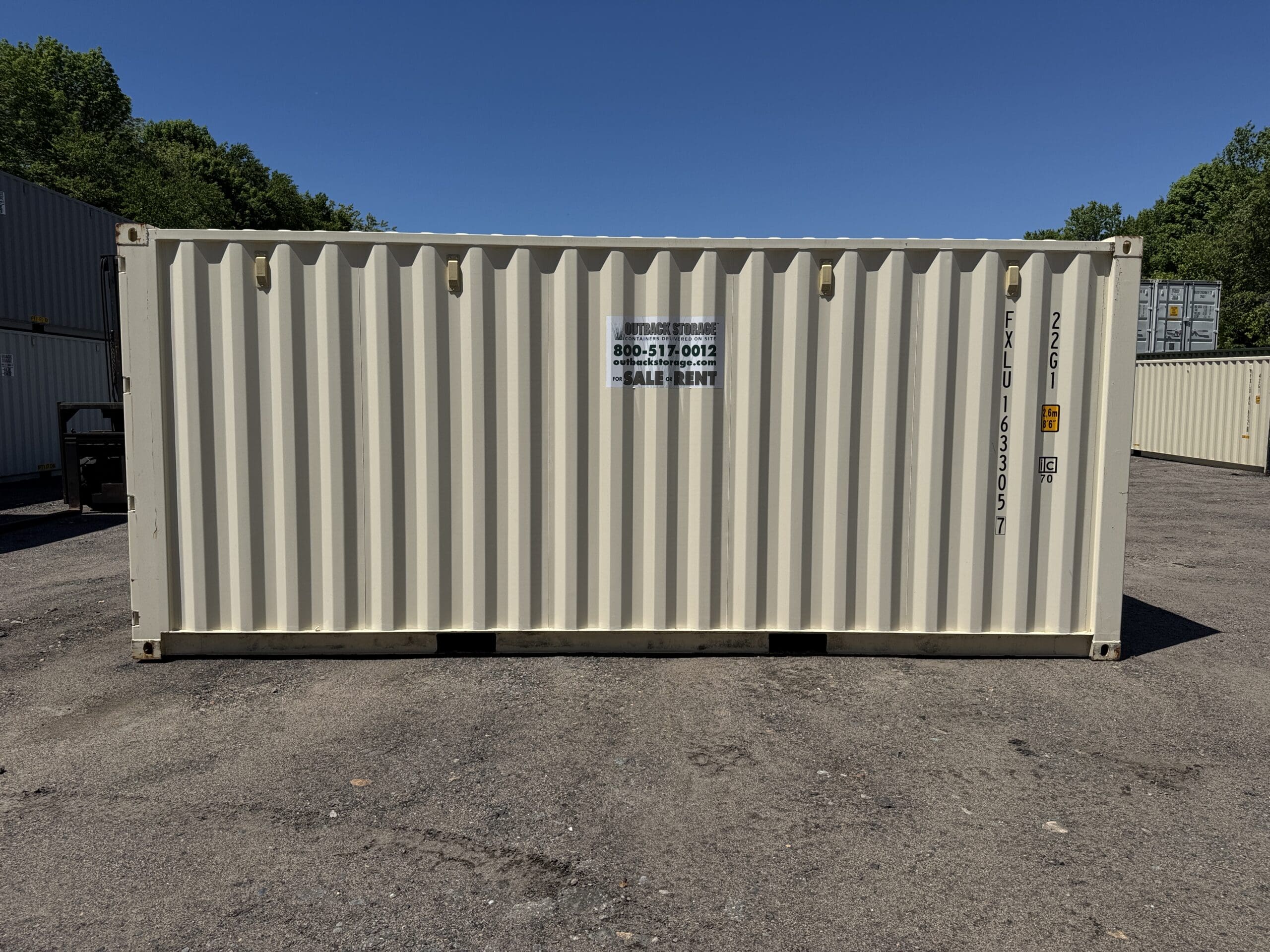 20ft Used Shipping Container for Sale — Front Exterior View | Outback Shipping Containers 2 16 20ft Used Shipping Container – Wind & Watertight – Beige — 20ft — used (image 1 of 12)
