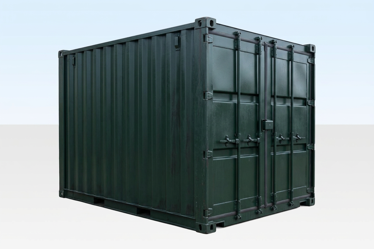 Front view of closed cargo doors on a dark green used 10ft cut down container with vertical locking bars