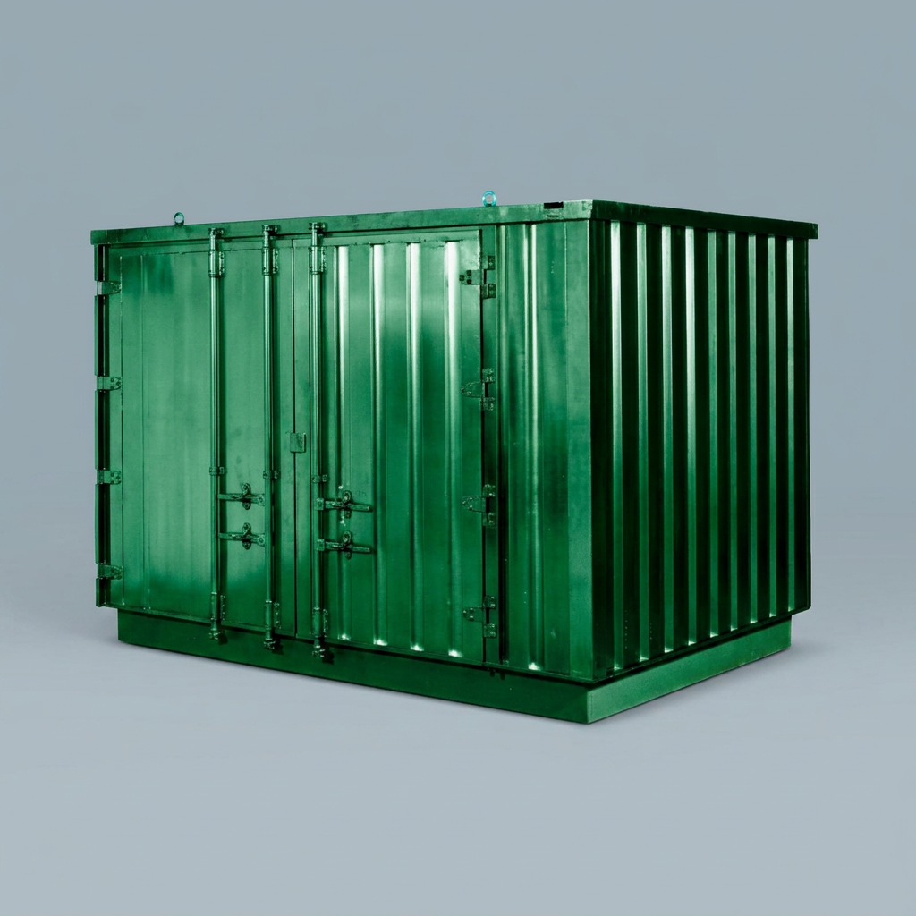Green corrugated steel panel for flat packed storage container on a plain white studio background