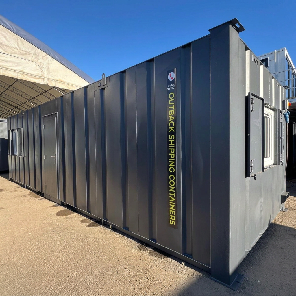 Refurbished 32ft anti-vandal portable office cabin in dark gray steel with secure door and windows under a blue sky