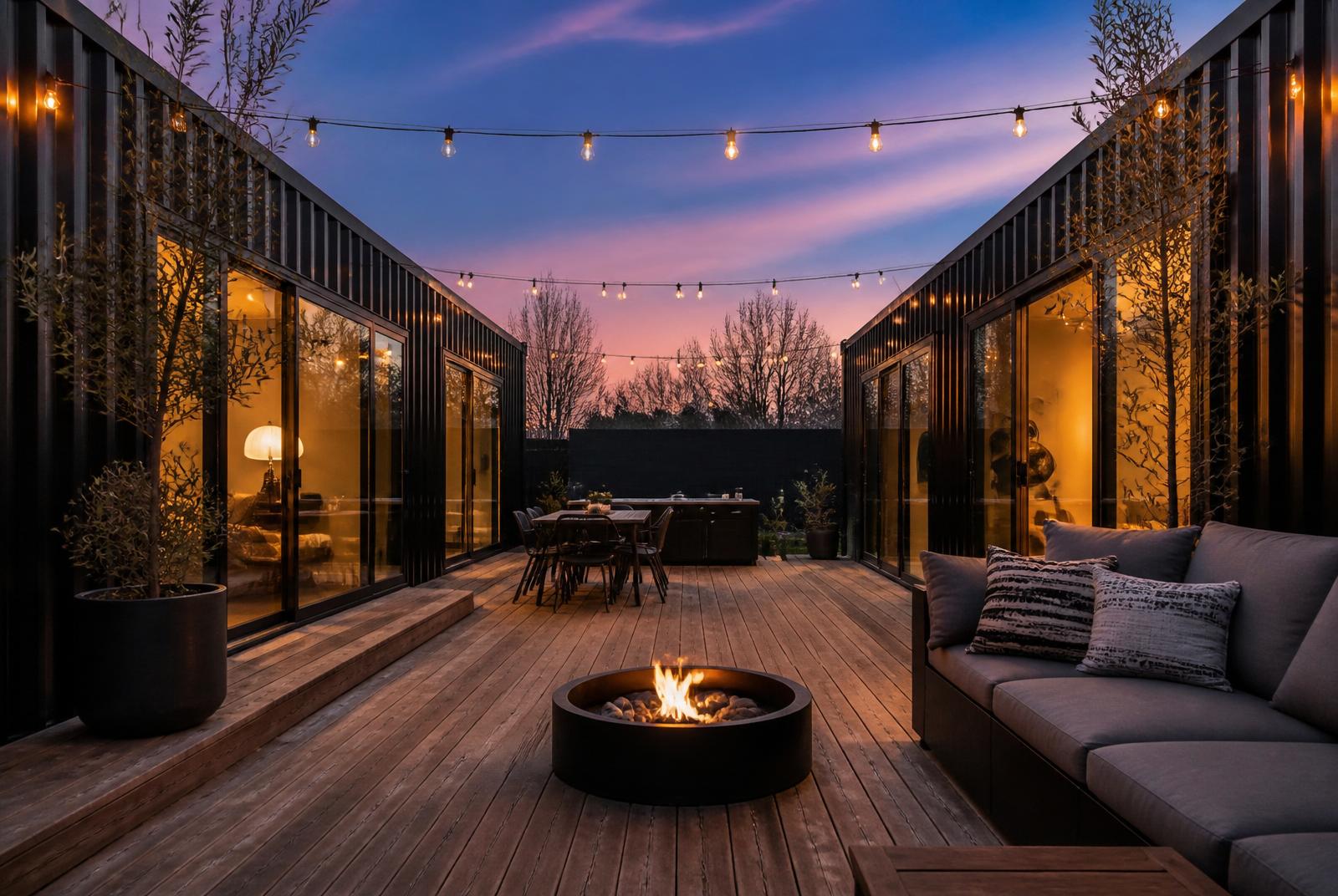 Trinity U-shape container home — central wood deck at twilight with fire pit, string lights and lounge seating