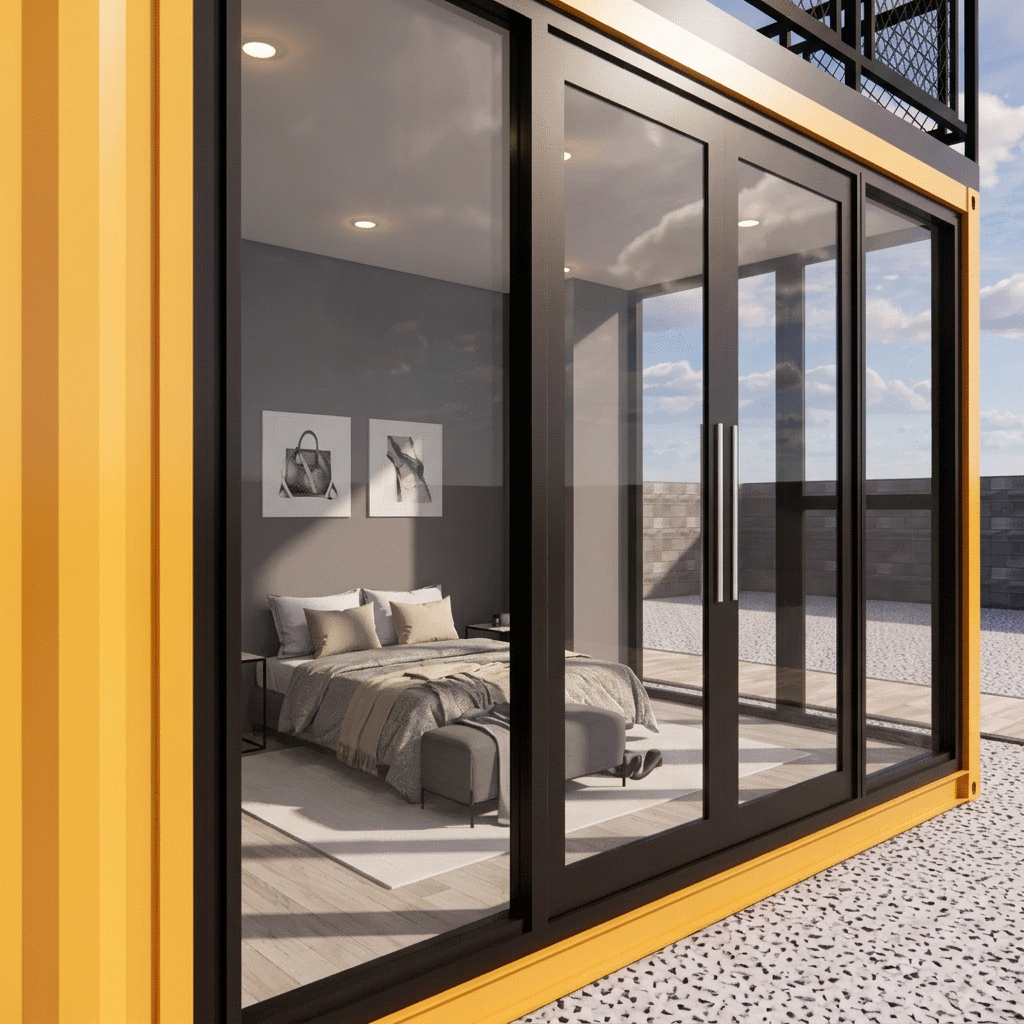 Interior bedroom viewed through the black-framed glass sliding doors
