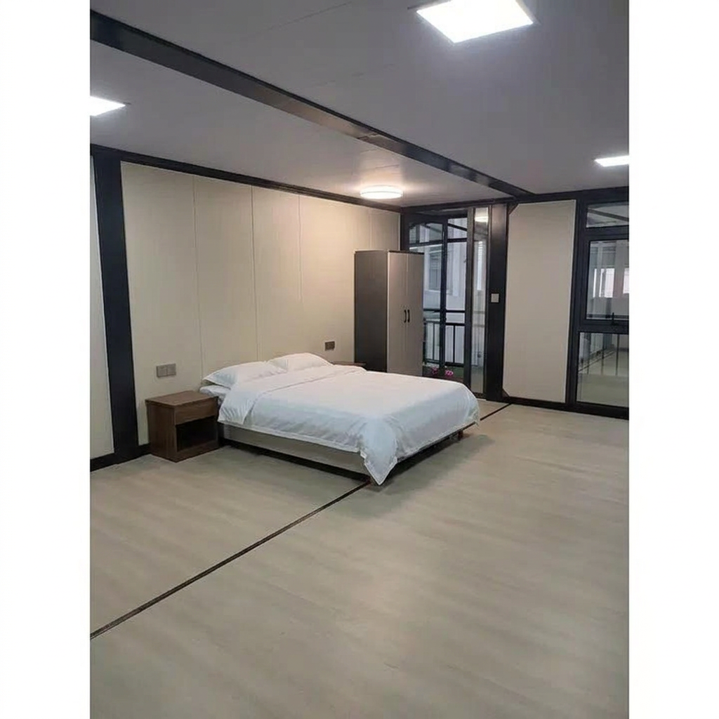 Upper floor bedroom with double bed, timber bedside table and wardrobe