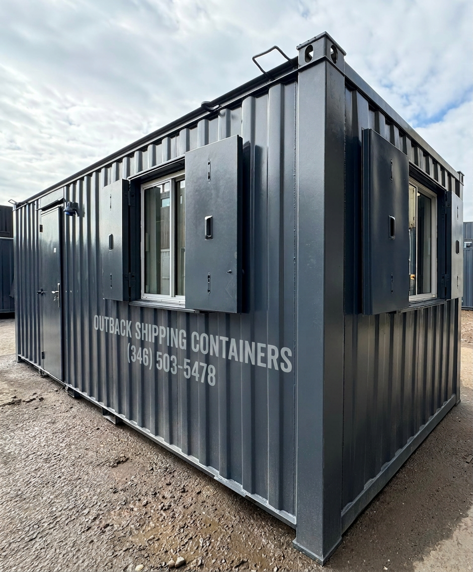 Refurbished 21x8ft dark gray anti-vandal shipping container office with security shutters and personnel door