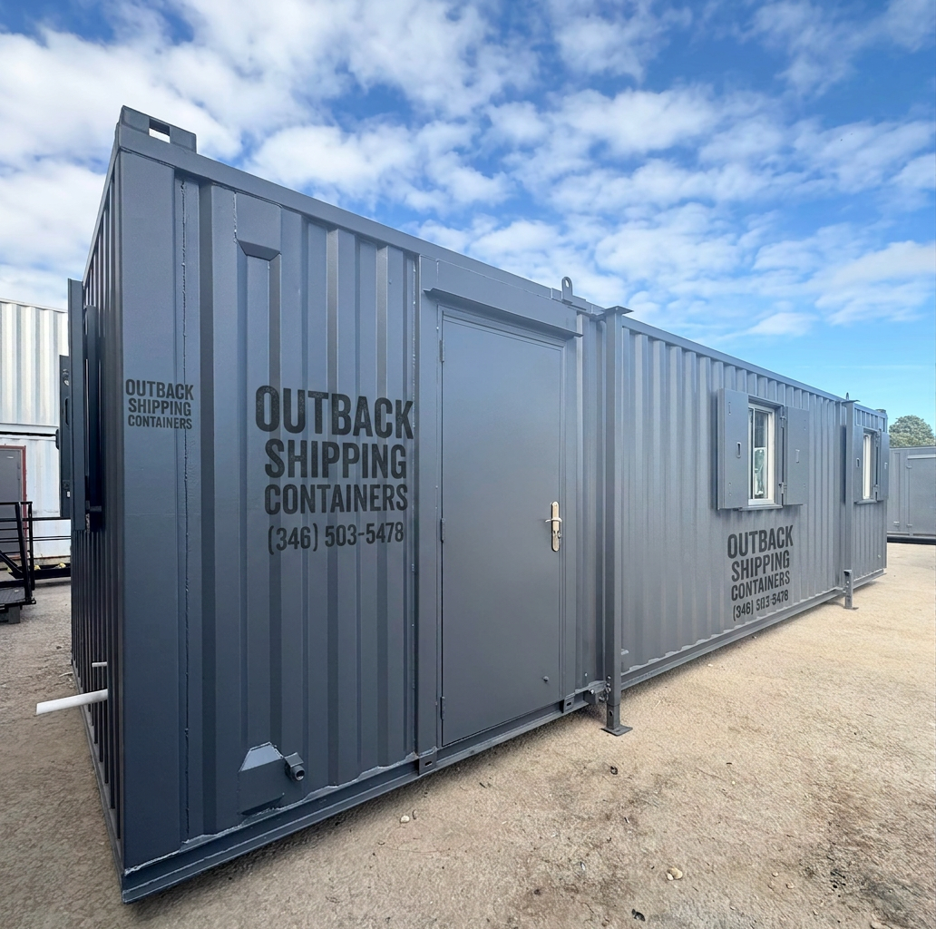 32x10ft for Sale — Front Exterior View | Outback Shipping Containers 2 3 4 5 6 7 8 32x10ft — Custom Office/Canteen Cabin — image 1 of 15