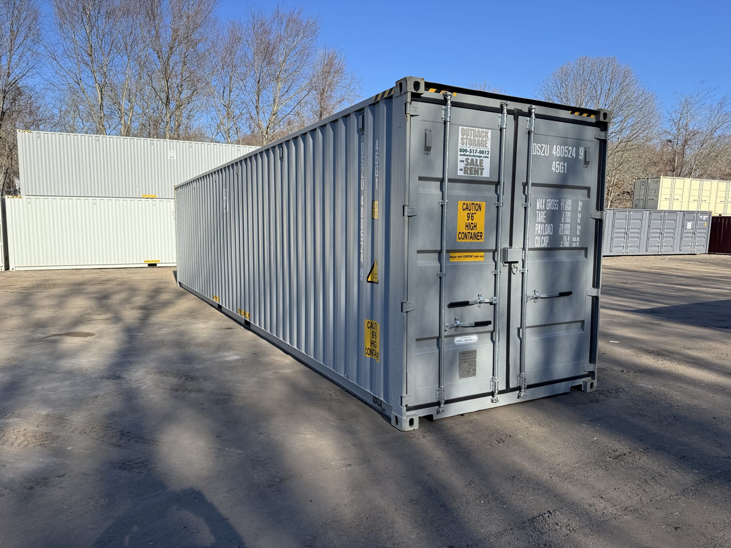 40ft New High Cube Shipping Container — Front Exterior View | Outback Shipping Containers 2 28 40ft New High Cube Shipping Container – Wind & Watertight – Gray — 40ft — new (image 1 of 12)