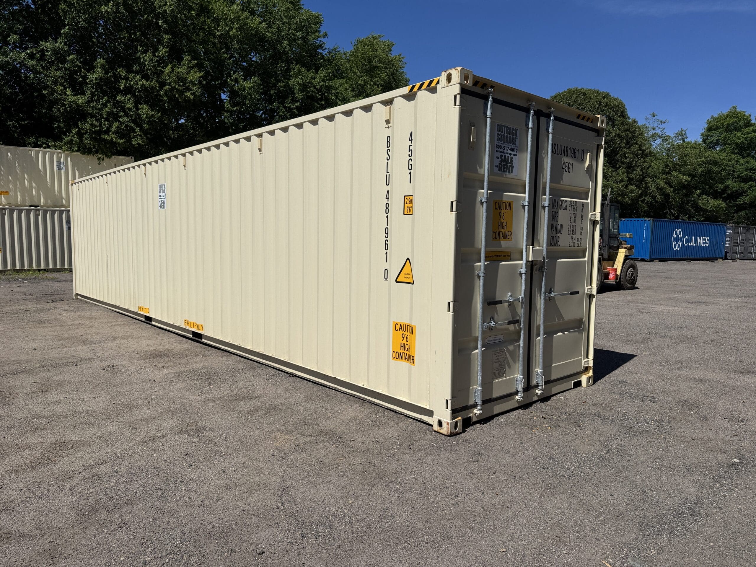 40ft New High Cube Shipping Container — Front Exterior View | Outback Shipping Containers 2 52 40ft New High Cube Shipping Container – Wind & Watertight – Beige — 40ft — new (image 1 of 12)