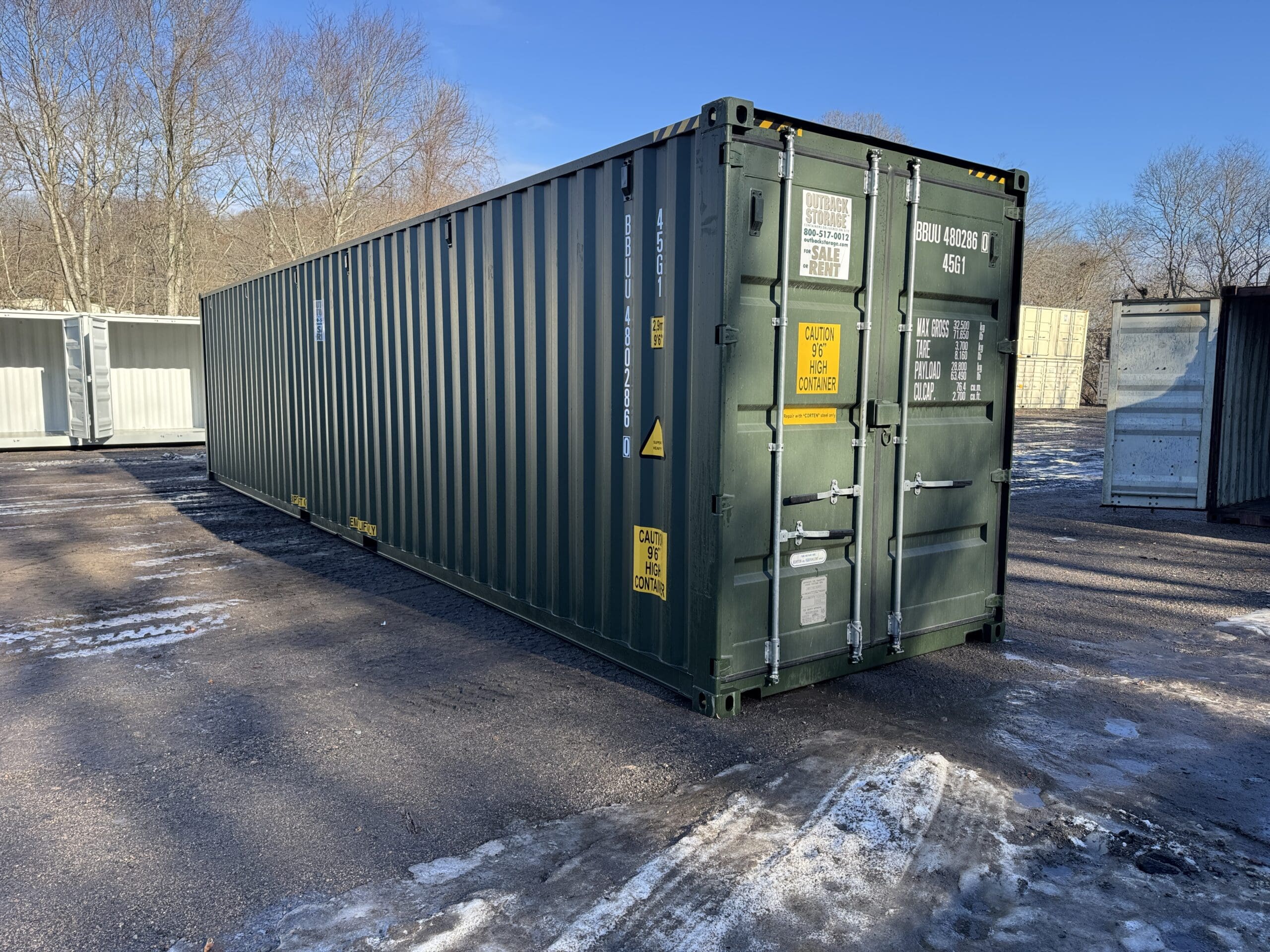 40ft New High Cube Shipping Container — Front Exterior View | Outback Shipping Containers 2 60 40ft New High Cube Shipping Container – Wind & Watertight – Green — 40ft — new (image 1 of 12)