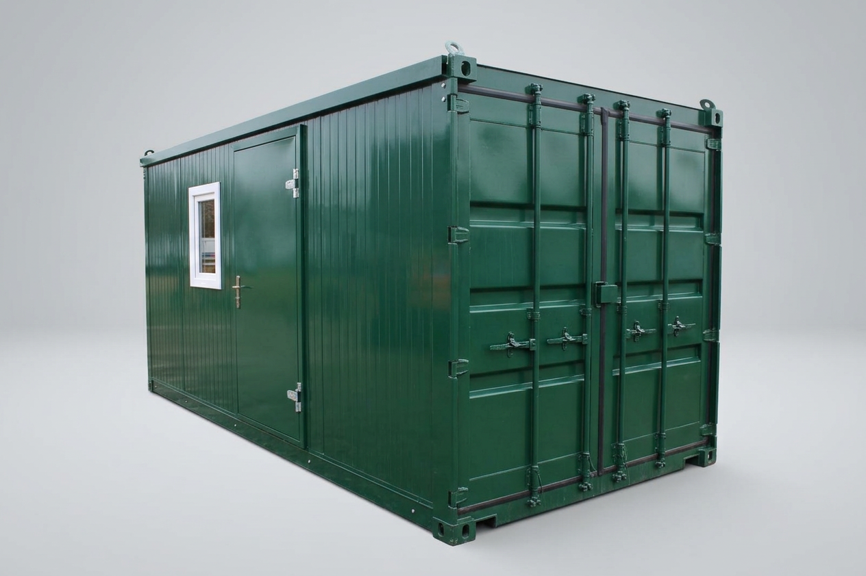 Green 4.3m flat packed office cabin with a steel door and two white-framed windows on a neutral background
