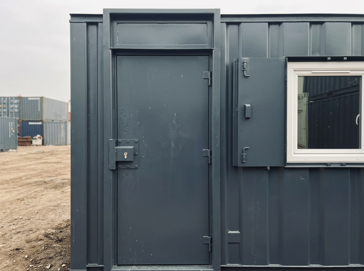 Close-up of the 24x8 ft cabin steel personnel door with lock guard beside the shuttered window
