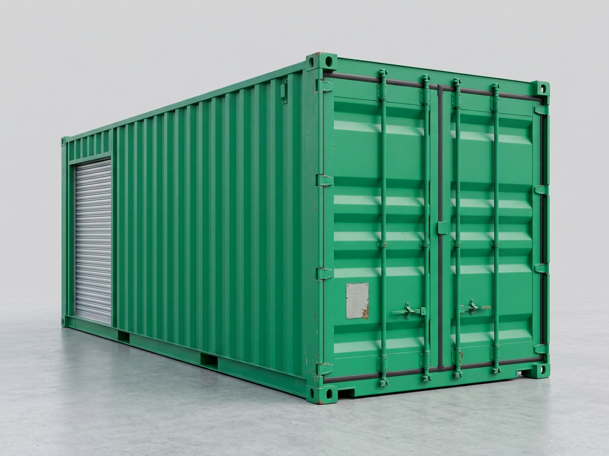 20ft roller shutter conversion container in green with large silver metal security door installed on the long side