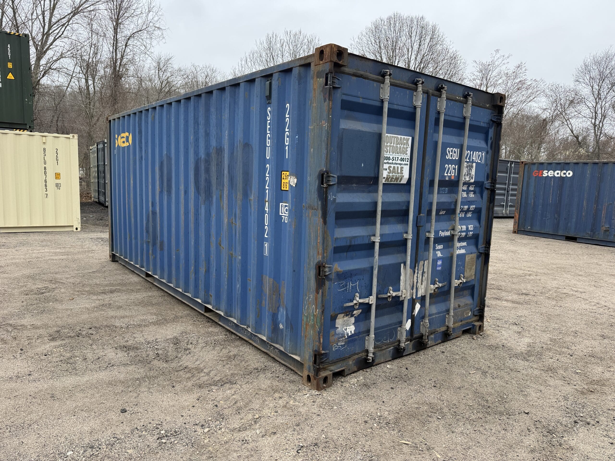 20ft Used Shipping Container for Sale — Front Exterior View | Outback Shipping Containers 2 8 20ft Used Shipping Container – Wind & Watertight – Blue — 20ft — used (image 1 of 12)