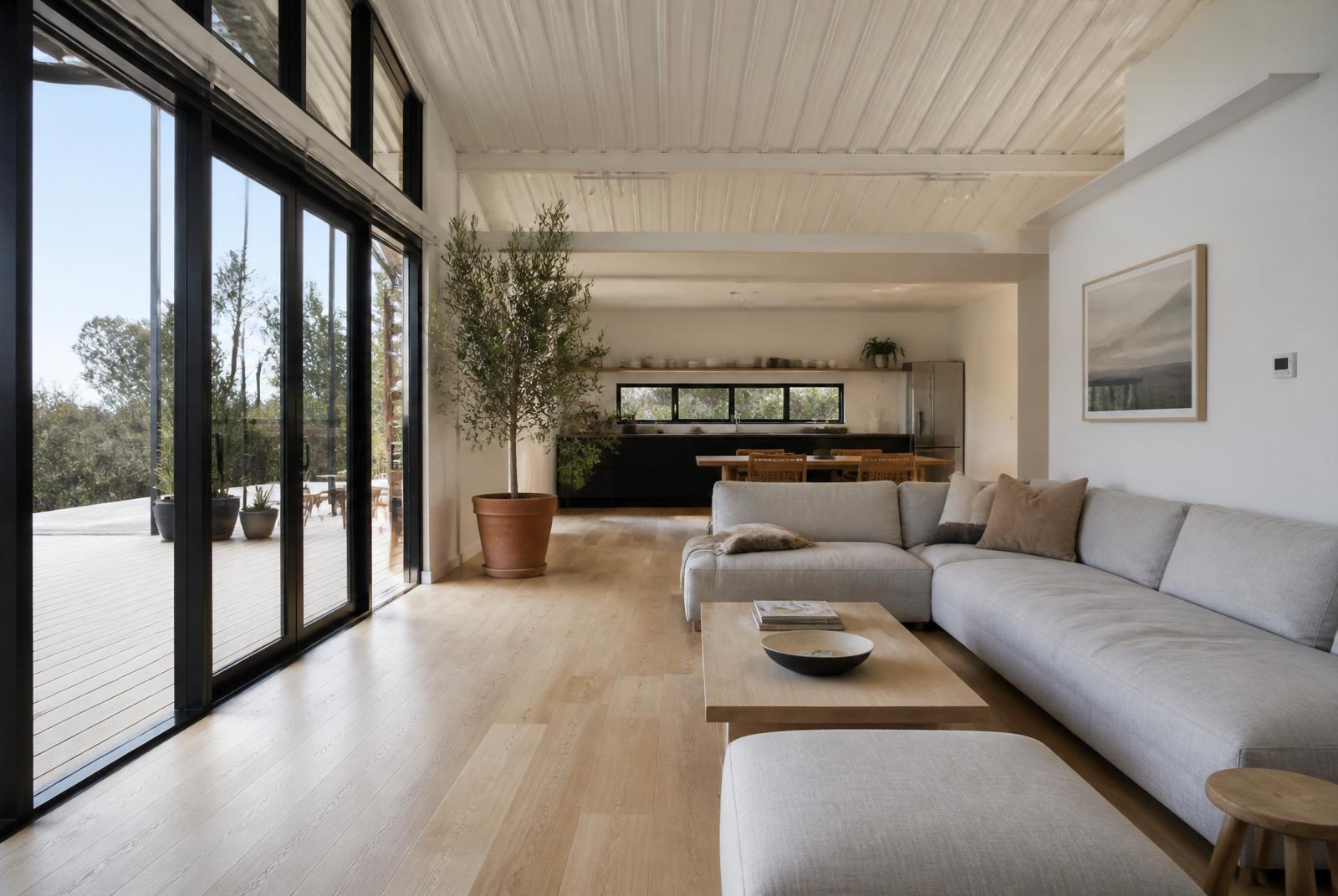Trinity U-shape container home — open-plan living room with grey sectional and floor-to-ceiling glass sliders to the deck