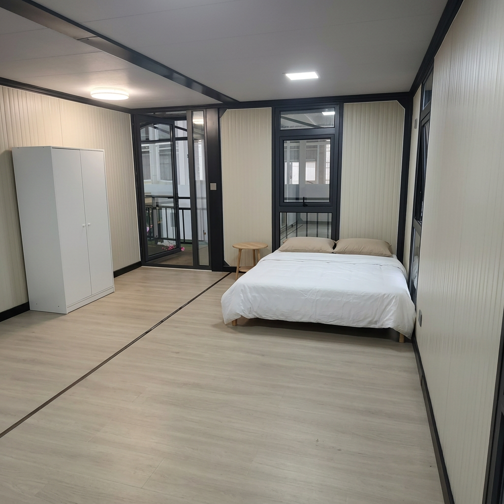 Bedroom 3 on the upper floor with queen bed, wardrobe and access to the balcony
