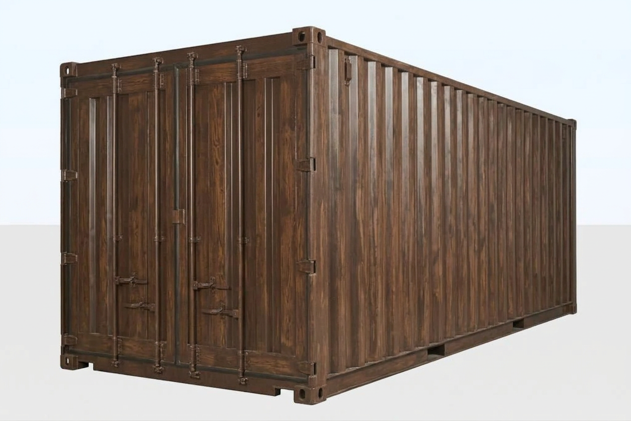 Front view of a wood-effect flat packed storage container with vertical corrugated steel panels and a hinged door