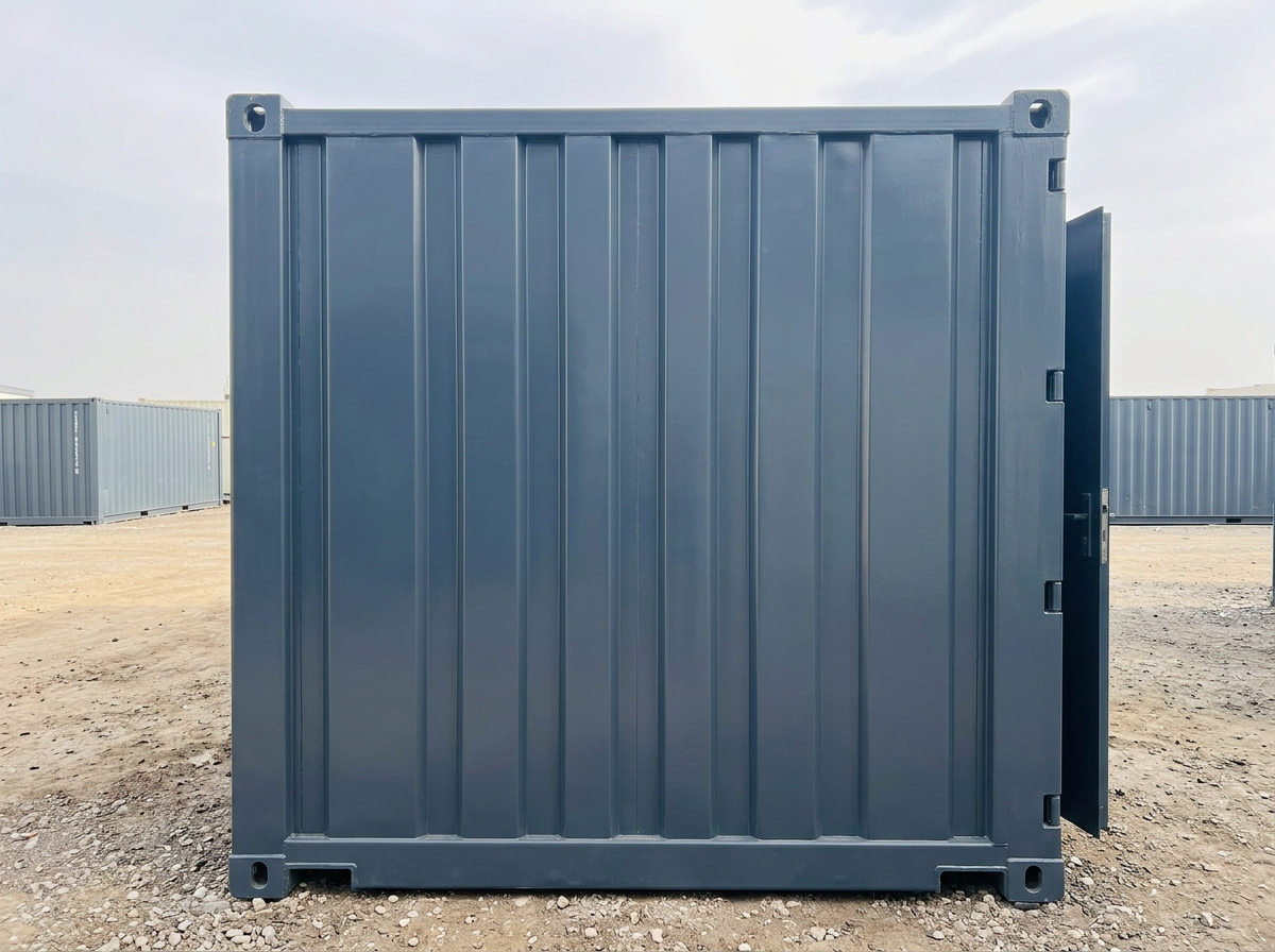 End elevation of the 24x8 ft anti-vandal office cabin showing corrugated steel wall and corner castings