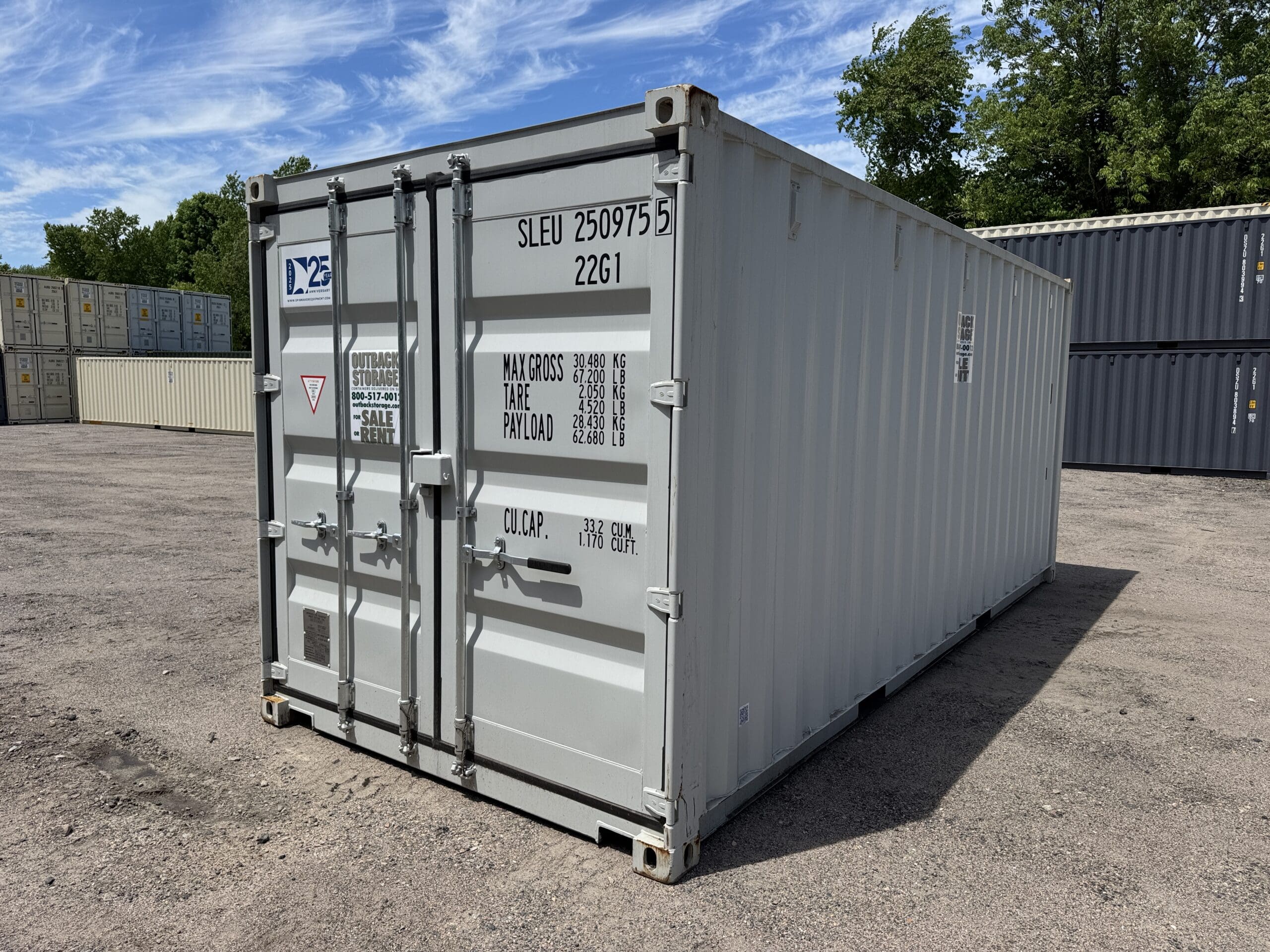 20ft New Shipping Container for Sale — Front Exterior View | Outback Shipping Containers 2 3 13 20ft New Shipping Container – Wind & Watertight – Gray — 20ft — new (image 1 of 12)