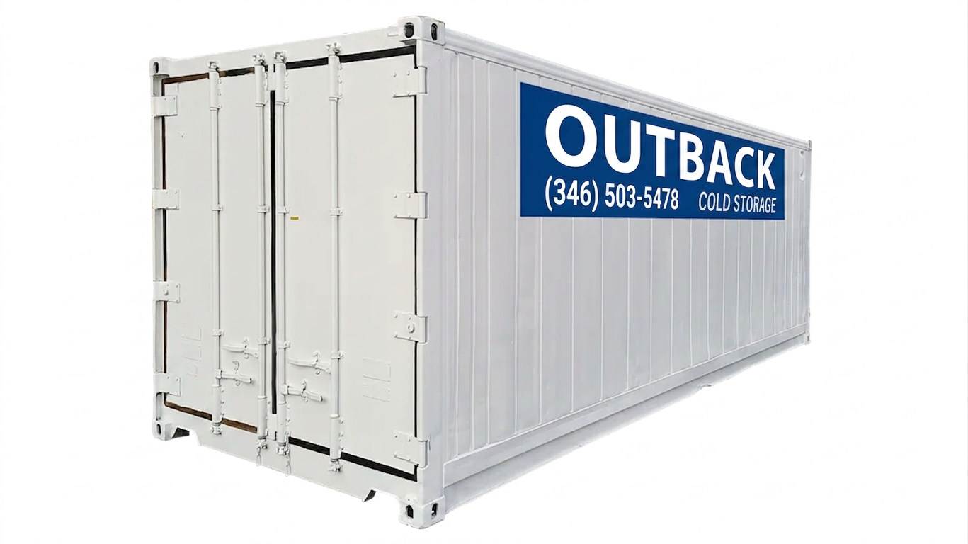 Refurbished 20ft refrigerated shipping container in white with Conexcool branding on a black background