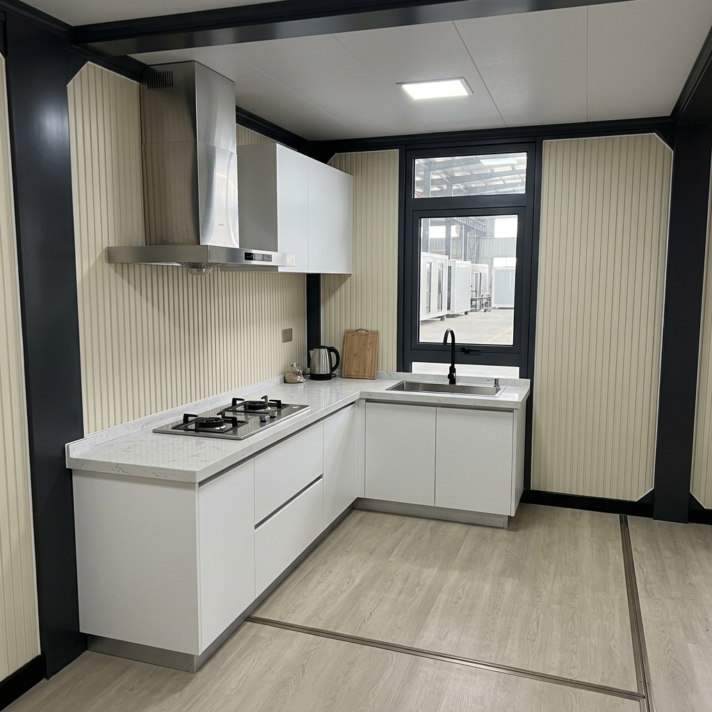 Modern kitchen inside the 4 bedroom 2 story luxury modular container home villa with white cabinets, quartz countertop, gas cooktop, stainless range hood and stainless sink under a window