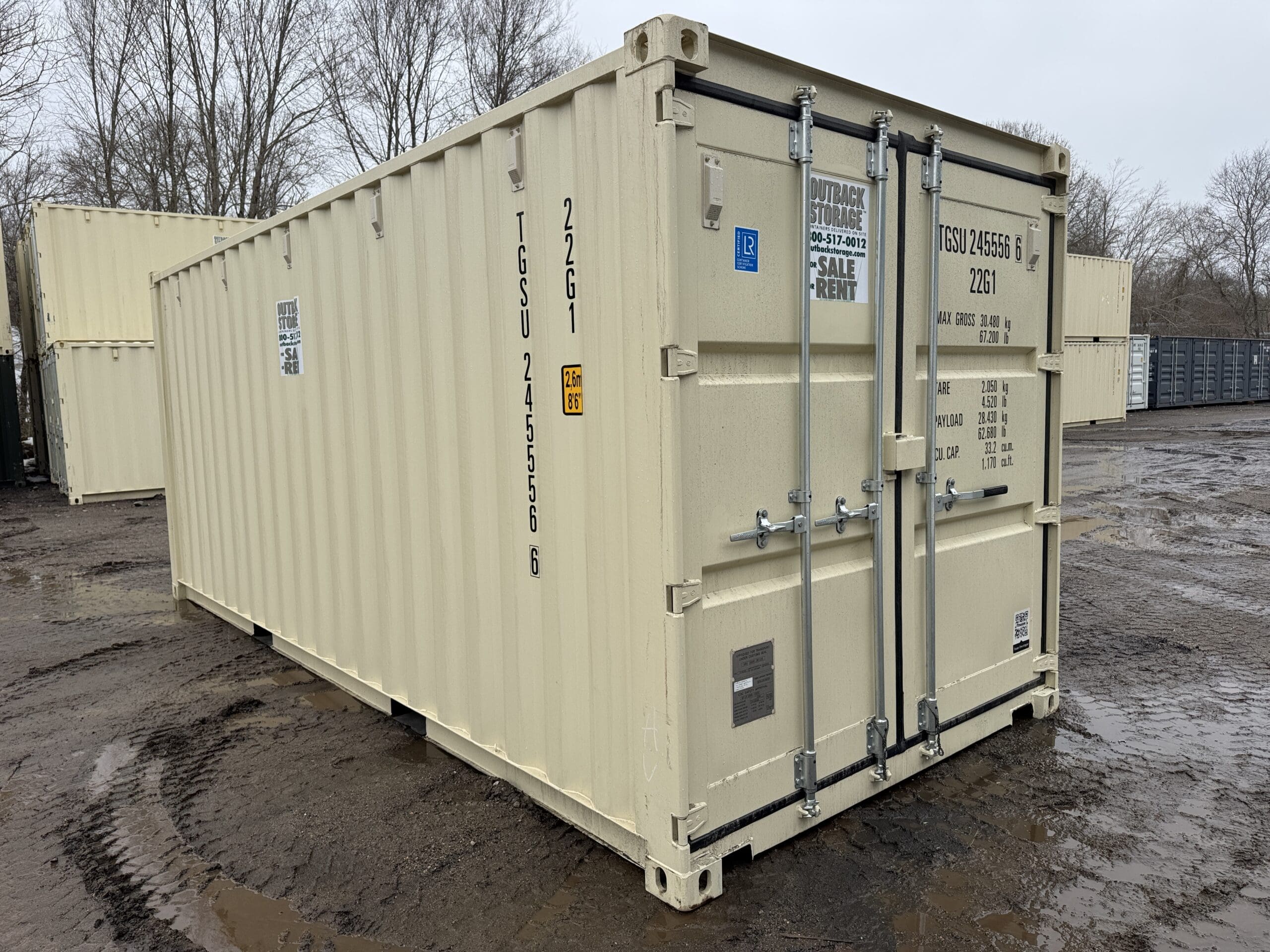20ft New Shipping Container for Sale — Front Exterior View | Outback Shipping Containers 2 3 28 20ft New Shipping Container – Wind & Watertight – Beige — 20ft — new (image 1 of 12)