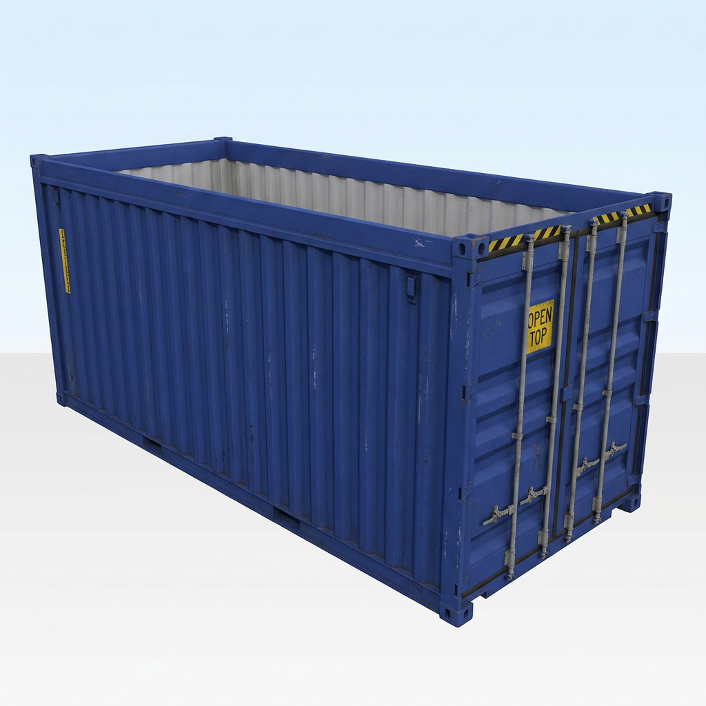 Used 20ft open top shipping container in blue with tarp cover and Hanjin logo showing side and cargo doors