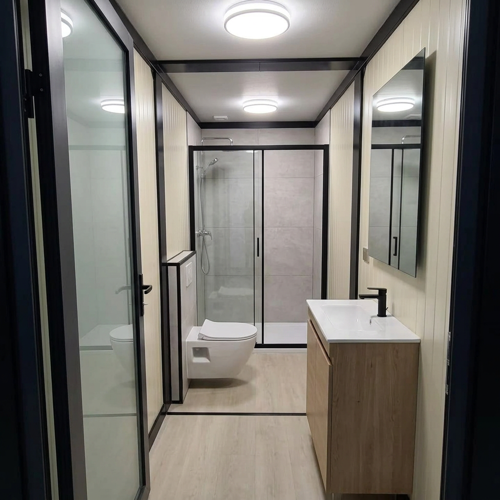 Ground floor bathroom showing the full-height sliding shower enclosure and timber vanity