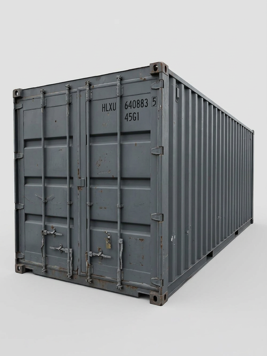 Interior view of a used 40ft cargo container showing installed wood shelving units and a plastic storage rack