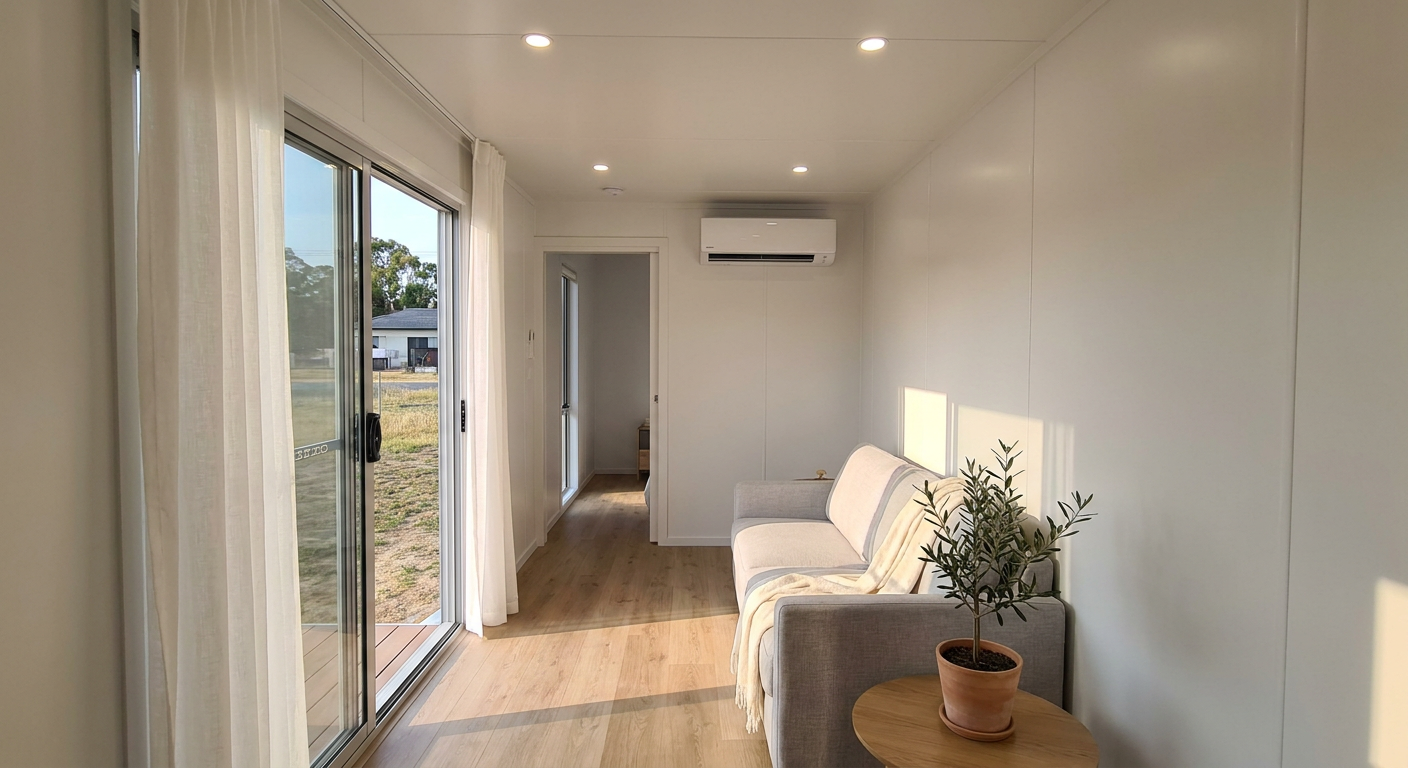 Luxury 40ft prefab container house interior — open-plan living area with grey sofa and sliding glass door