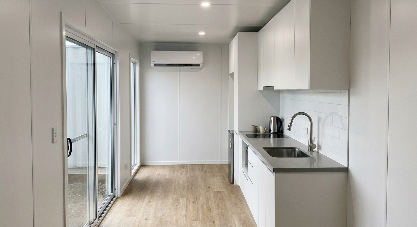 Luxury 40ft prefab container house interior — modern white kitchenette with quartz counter and stainless sink