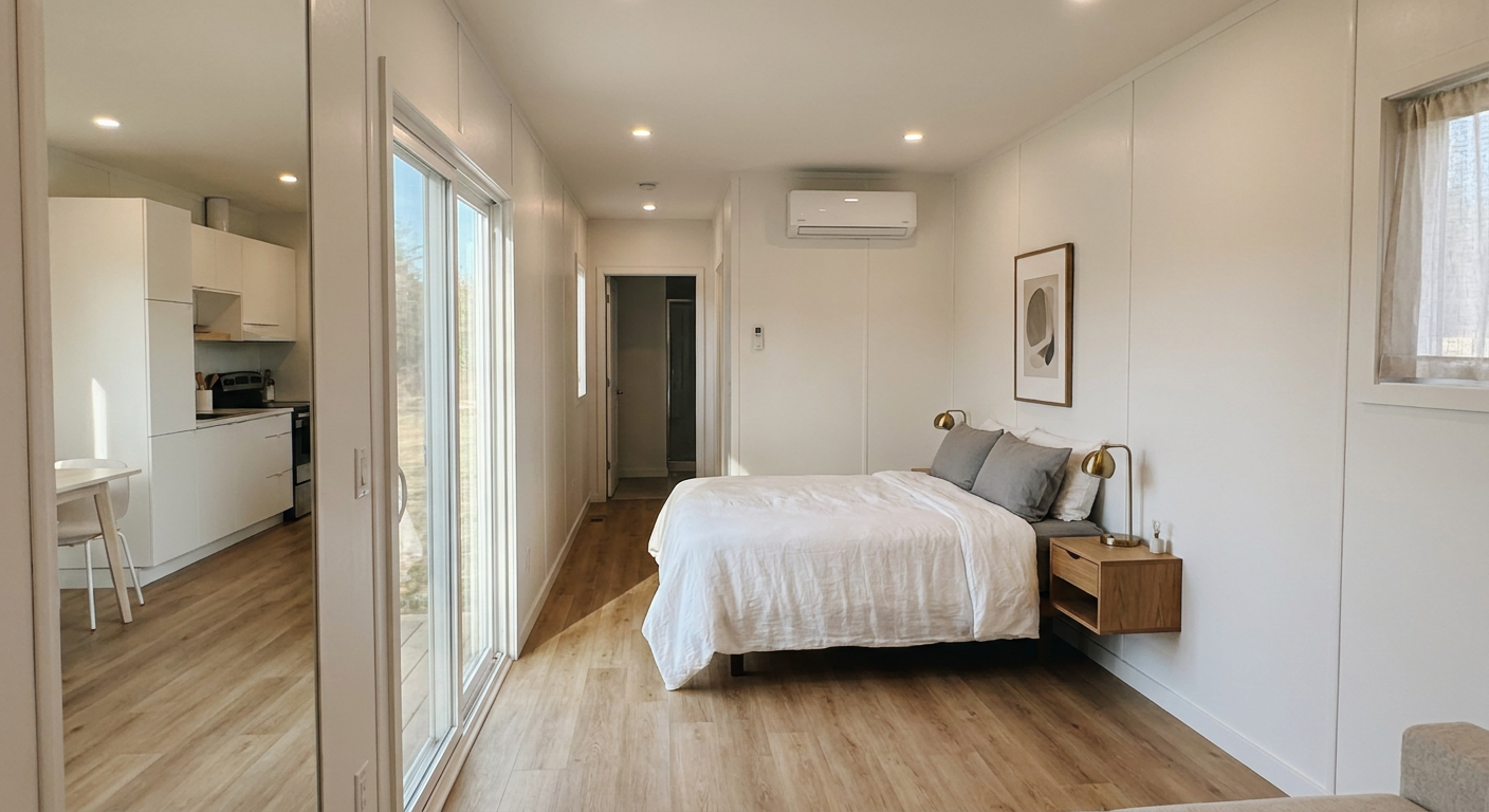 Luxury 40ft prefab container house interior — bedroom with queen bed and mini-split HVAC