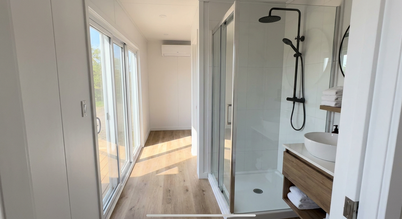 Luxury 40ft prefab container house interior — full bathroom with walk-in glass shower and floating vanity