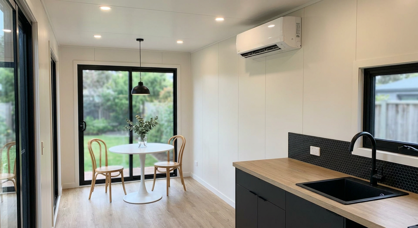 Luxury 40ft prefab container house interior — dining nook with pedestal table and pendant light