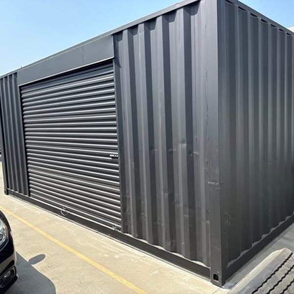 20ft Used Shipping Container – Matte Black w/ 12 Side Roll-Up Door